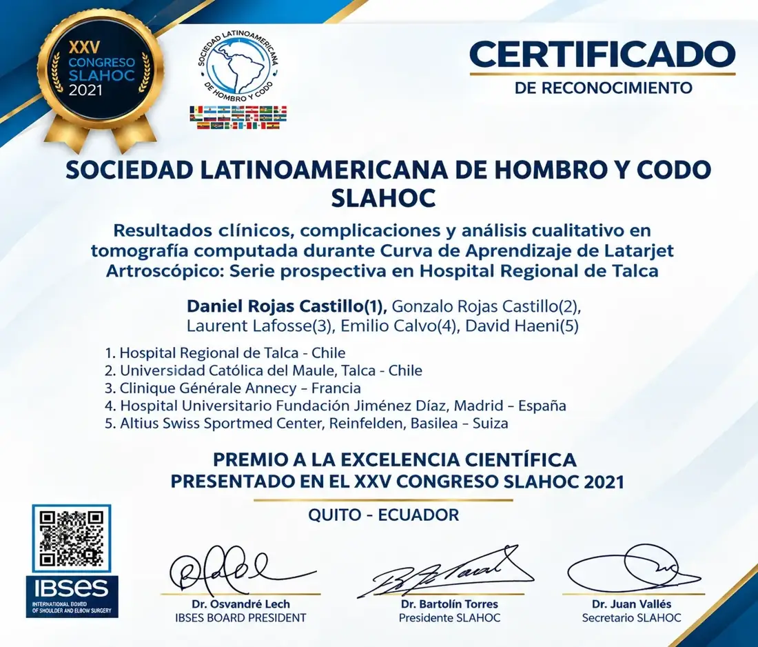 Certificado del Premio a la Excelencia Científica de la Sociedad Latinoamericana de Hombro y Codo, SLAHOC 2021