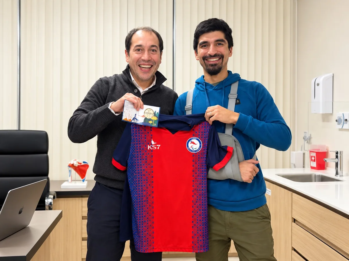 Dr. Daniel Rojas junto a un paciente deportista en su control postoperatorio de hombro
