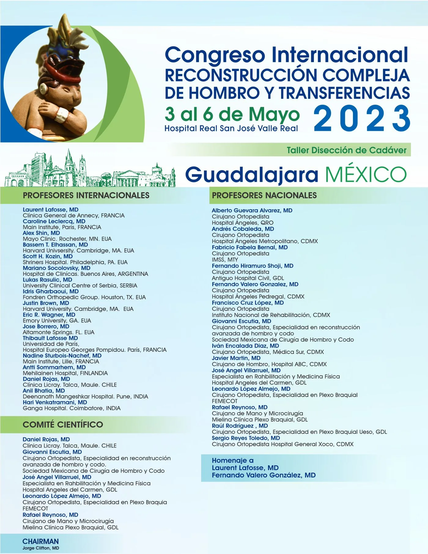 Afiche oficial del Congreso Internacional Reconstrucción Compleja de Hombro y Transferencias 2023 con el Dr. Daniel Rojas entre los profesores internacionales y en el comité científico