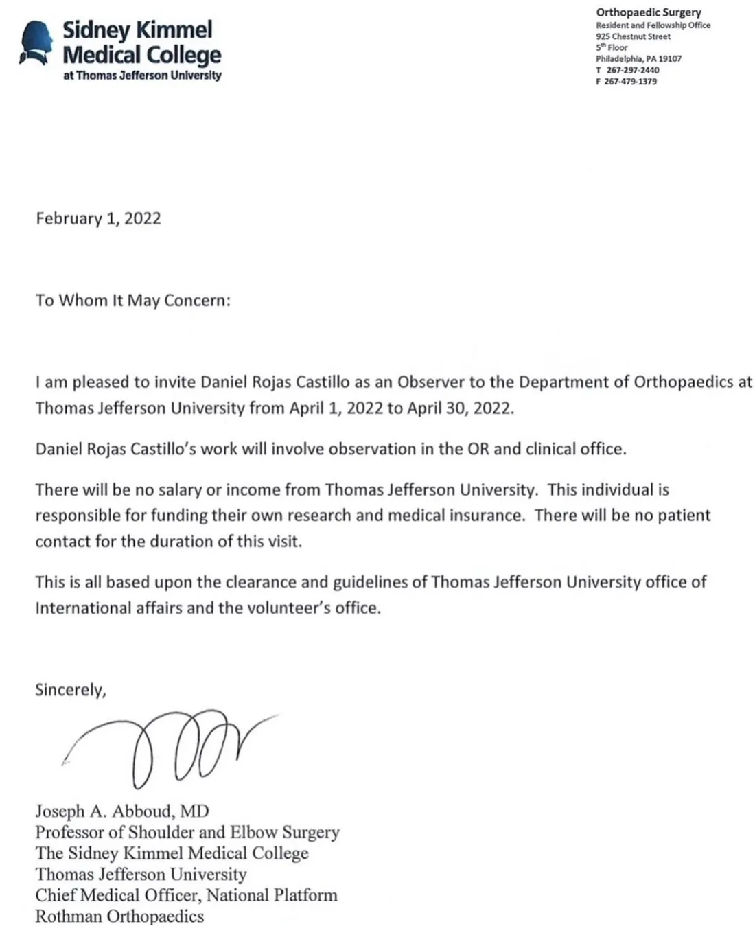 Carta de invitación del Dr. Joseph A. Abboud al Dr. Daniel Rojas Castillo como observador en el Departamento de Ortopedia de Thomas Jefferson University, abril de 2022