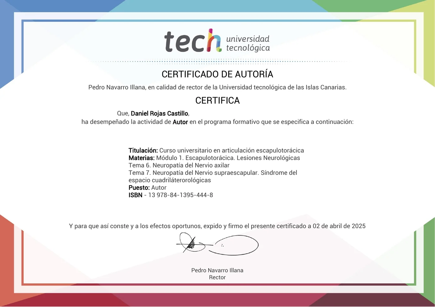 Certificado de autoría de TECH Universidad Tecnológica del Dr. Daniel Rojas Castillo en el curso universitario en articulación escapulotorácica