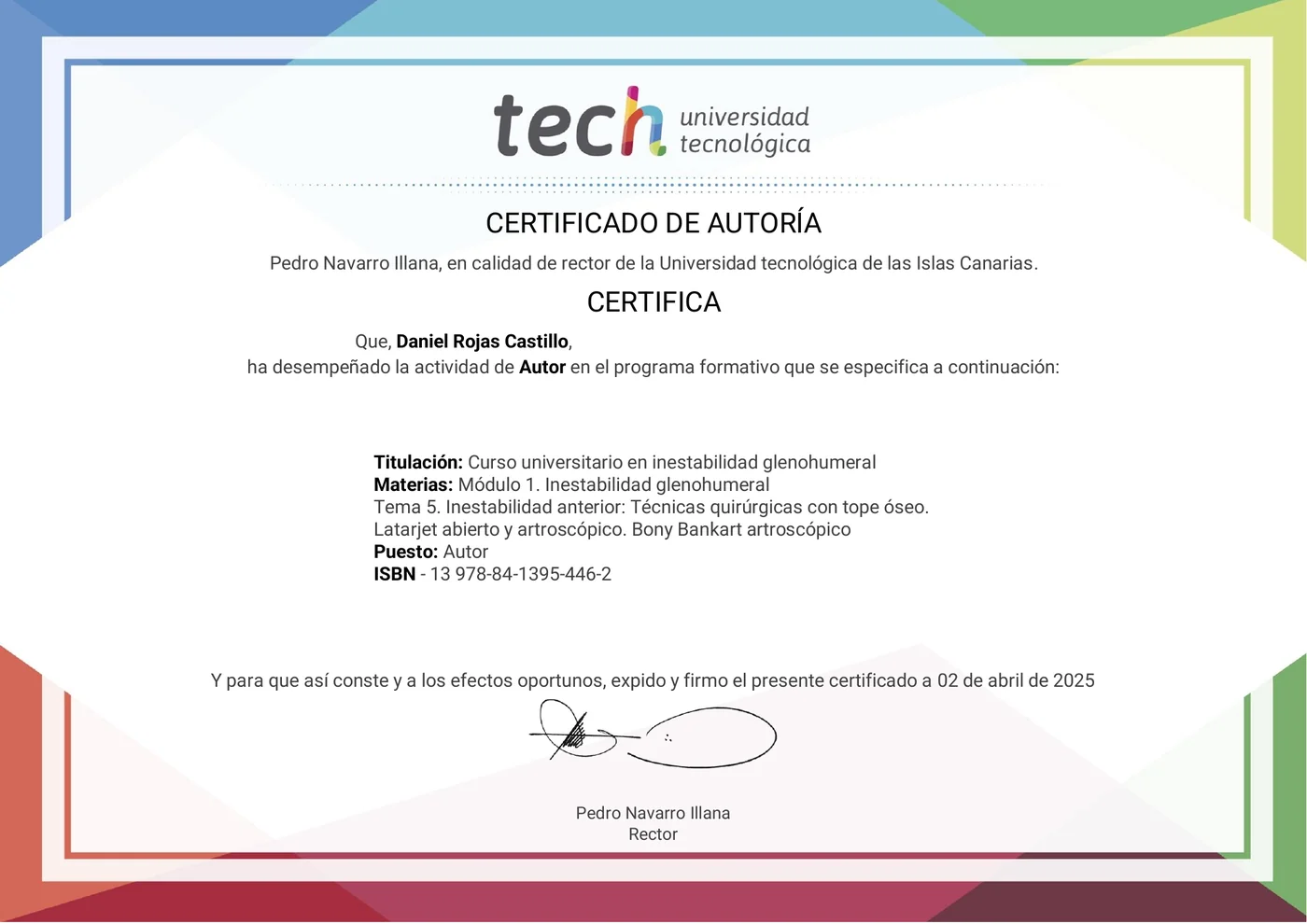Certificado de autoría de TECH Universidad Tecnológica del Dr. Daniel Rojas Castillo en el curso universitario en inestabilidad glenohumeral