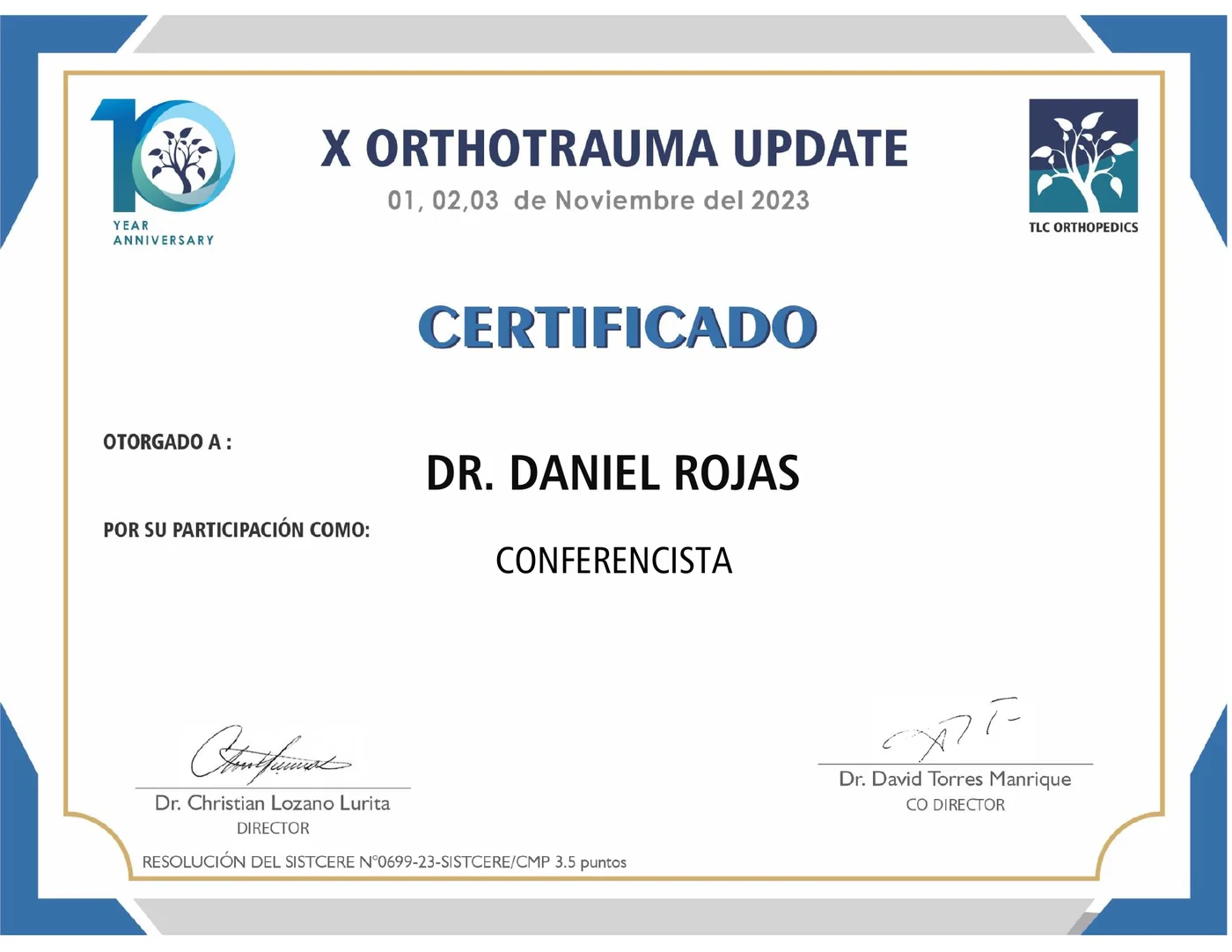 Certificado de conferencista del Dr. Daniel Rojas en el X OrthoTrauma Update 2023, Lima