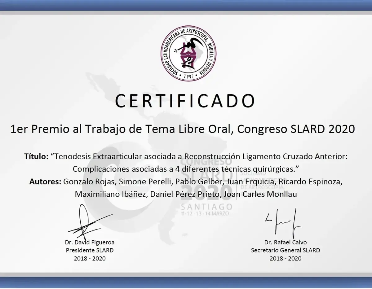 Certificado del 1.er Premio al Trabajo de Tema Libre Oral, Congreso SLARD 2020, Dr. Gonzalo Rojas