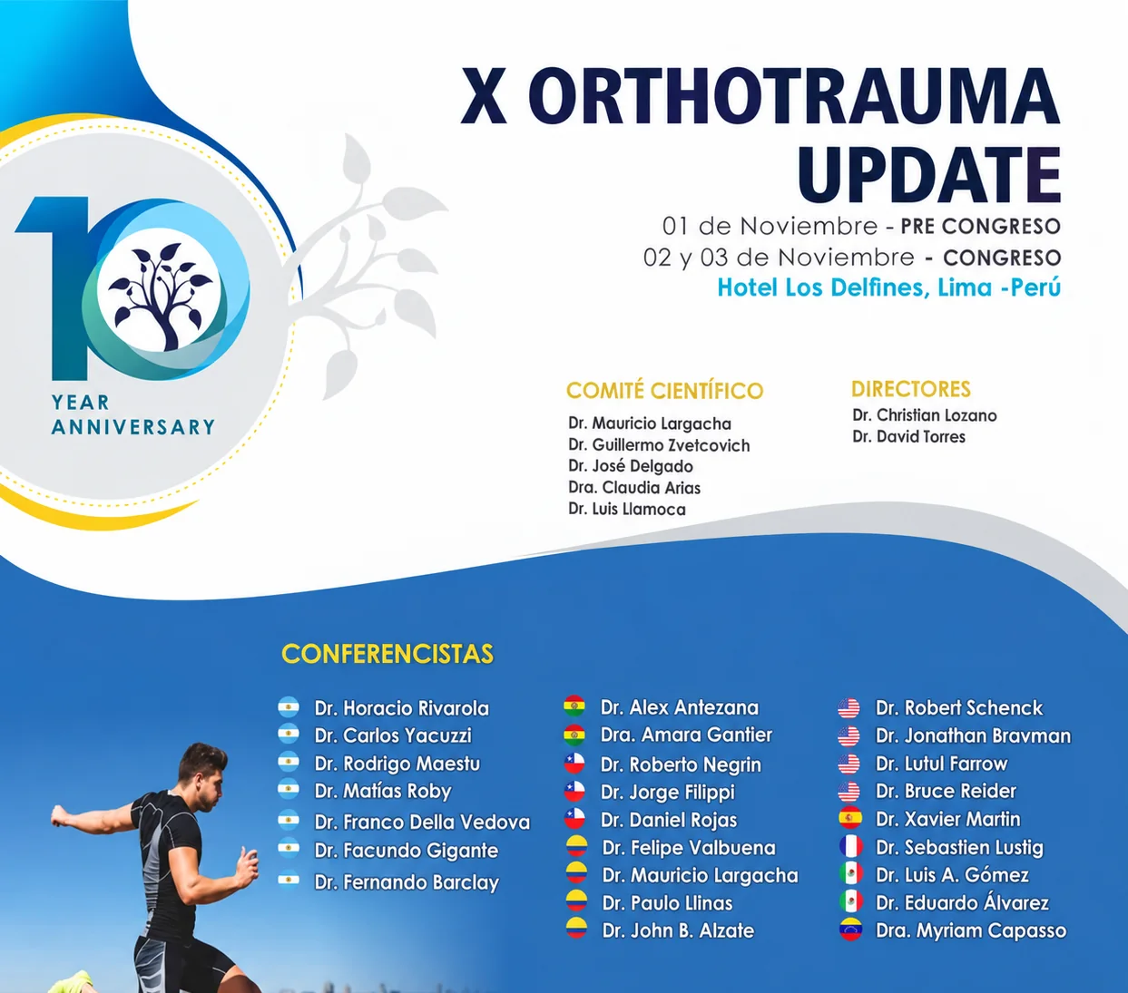 Afiche del X OrthoTrauma Update 2023 con el comité científico y los conferencistas internacionales, entre ellos el Dr. Daniel Rojas de Chile