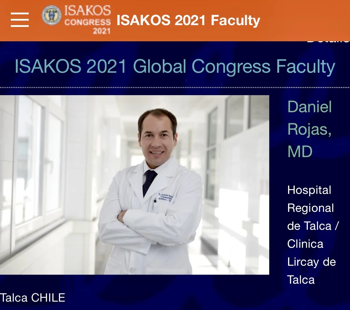 Ficha del Dr. Daniel Rojas, MD, como faculty del ISAKOS 2021 Global Congress, Hospital Regional de Talca y Clínica Lircay